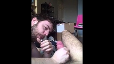 Blowing his buddy in bed and taking the cum load