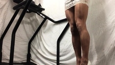 Walking in white lacy dress tan pantyhose