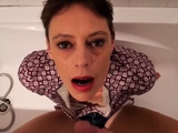 Short hair mature takes facial in the bathtub