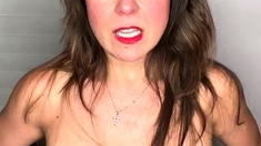 Busty curly brunette with big boobs fucks on couch