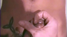 Playing with his big cock and cumming hard all over