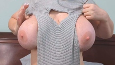 Busty curly brunette with big boobs fucks on couch