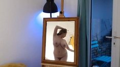 Busty curly brunette with big boobs fucks on couch