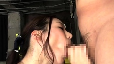 Japanese Asian mature giving blowjob to lucky guy