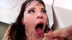 Big tit brunette sucks a big cock POV