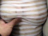 Touching tits in see-throu blouse in a market