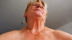 Grandma rides hubby and tries not to moaning