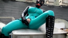 Latex fetish masturbation with dildo in torture basement